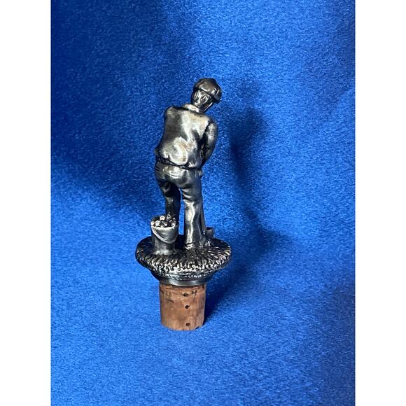Pewter Golfer with Bucket of Golf Balls Cork Bottle Stopper - Picture 3 of 5